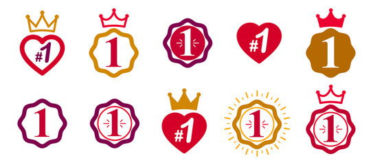 First place vector badge awards set, graphic design geometric simple emblems sticker number one collection, business success and victory theme labels, classical style icons.