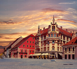 Maribor main square in Slovenia. Panoramic image with blue sky. Daylight, panoramic cityscape, copy-space on sky. Famous tourist destination in Europe.