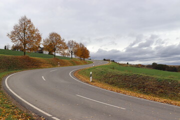 Kurvige Straße im Hunsrück. Fahrbahn. Landstraße.