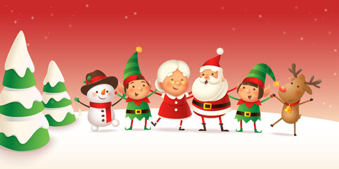 Obraz na płótnie Canvas Santa Claus and friends celebrate Christmas holidays - banner - winter landscape