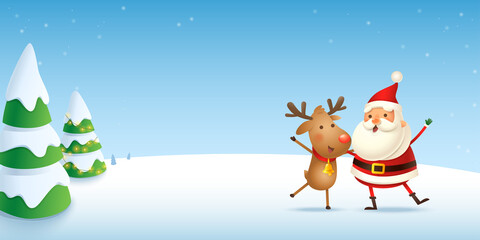 Santa Claus and Reindeer celebrate Christmas holidays - banner - winter landscape