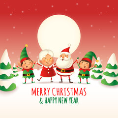 Fototapeta na wymiar Santa Claus, Mrs Claus and Elves celebrate Christmas holidays - winter greeting card