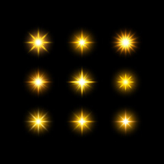 Set of golden stars, isolated on black background, vector illustration.