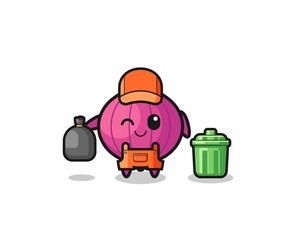 the mascot of cute onion as garbage collector