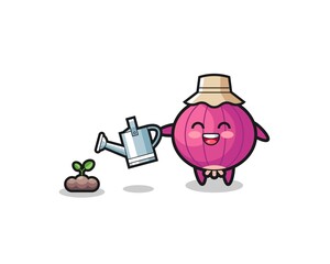 cute onion is watering plant seeds