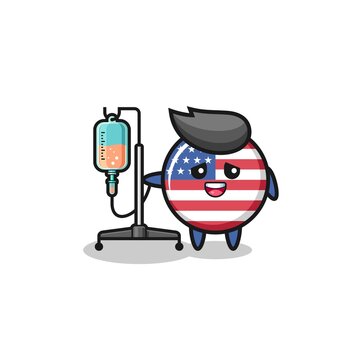 cute united states flag character standing with infusion pole