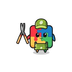 cute puzzle as gardener mascot