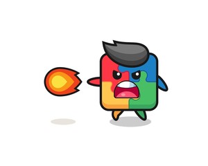 cute puzzle mascot is shooting fire power