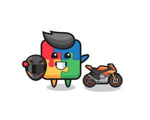 cute puzzle cartoon as a motorcycle racer