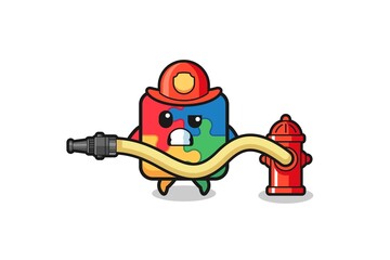 puzzle cartoon as firefighter mascot with water hose
