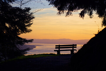 Fototapeta na wymiar Bench on the Swiss Geneva lake