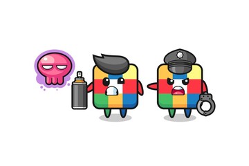 cube puzzle cartoon doing vandalism and caught by the police