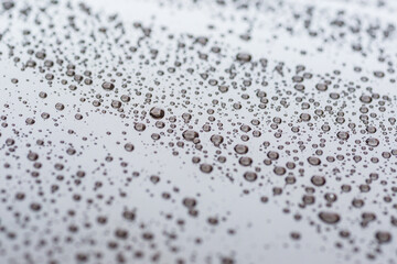 Pattern of water drops in a shining metallic surface with sky reflections,Water droplet on the car hood. Realistic pure water droplet water drops for creative banner design