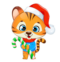 Cute tiger cub in Santa hat holding big candy cane