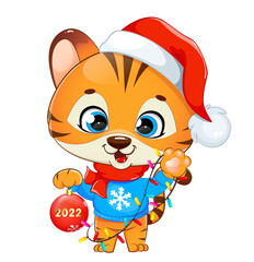 Merry Christmas. Cute tiger cub in Santa hat