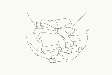 Hands holding gift in box. Gift box with a bow in hands. Two hands give a gift. Line style vector illustration.