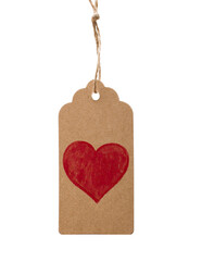 Craft tag with red heart picture on white isolated background