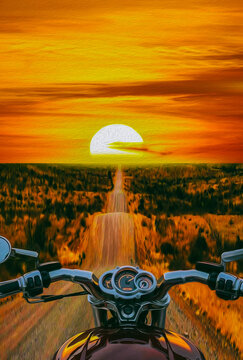 A View From A Motorcycle Driver's Perspective Of A Sunset In Texas.