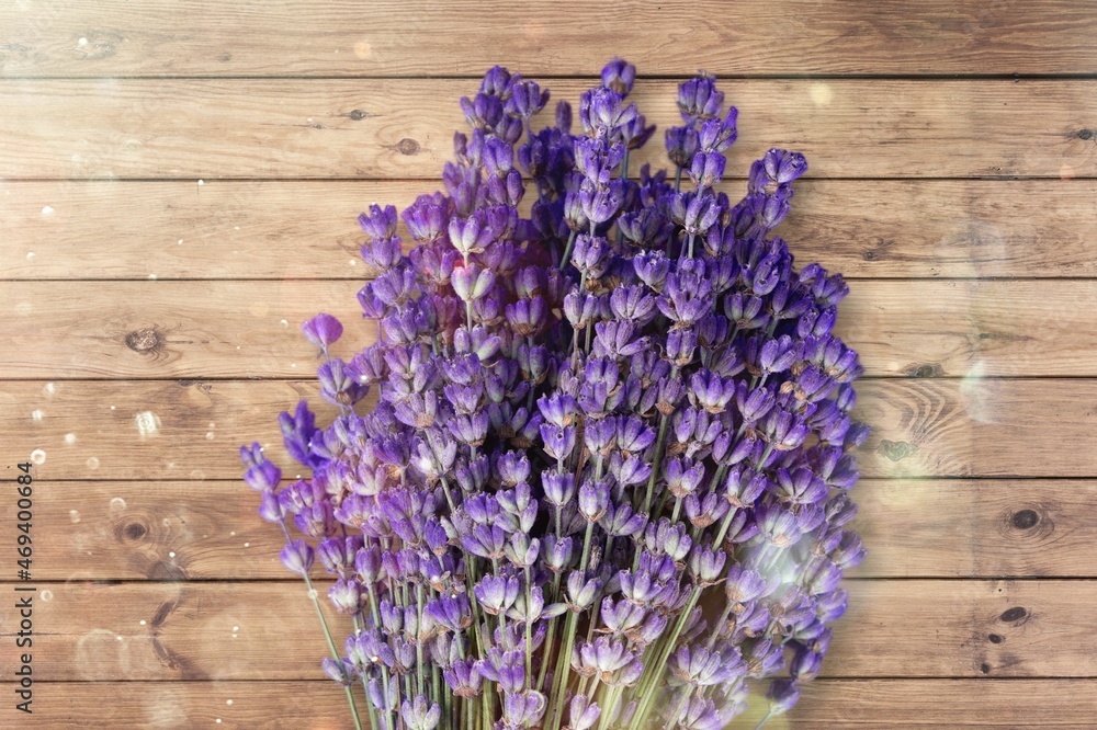 Poster Aroma bunch of lavander on wooden desk