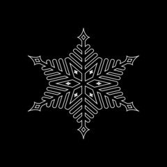 White Snowflake. Symbol of winter, Christmas, New Year holiday. White silhouette  on black background. Vector illustration.