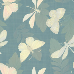 Seamless botanical pattern. Barrels and leaves on an abstract background. Bright background for design, print, print, wallpaper, wrapping paper.