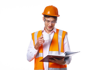 man in work uniform orange helmet safety professional work