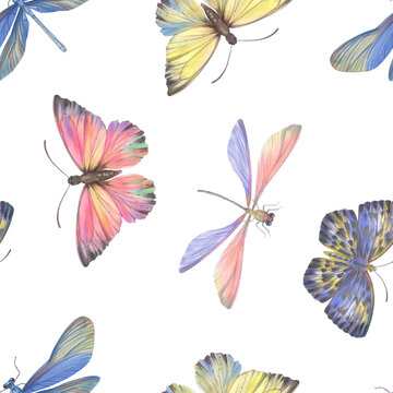 Abstract botanical pattern. Butterflies on a white background. Bright background for design, wallpaper, wrapping paper, scrapbooking. Butterflies painted with watercolors and digitally processed.