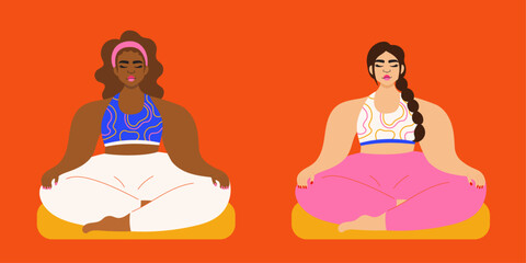 Illustration of women meditating together wearing bright sportswear