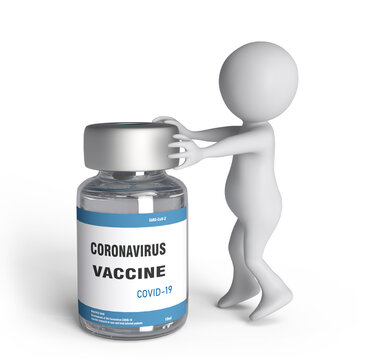 Little white man moving vaccine vial against Covid-19 virus