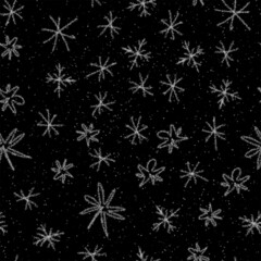 Naklejka na ściany i meble Hand Drawn Snowflakes Christmas Seamless Pattern. Subtle Flying Snow Flakes on chalk snowflakes Background. Authentic chalk handdrawn snow overlay. Mind-blowing holiday season decoration.