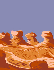 WPA poster monochrome art of Goblin Valley State Park hoodoos formations of mushroom-shaped rock pinnacles in  Goblin Valley Rd, Green River Utah USA done in works project administration style.