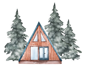 House in the forest, watercolor illustration