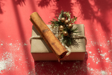 closeup of one gift box wrapped and decorated with a cord bow and cinnamon stick, on a fuchsia...