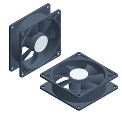 Isometric computer PC chassis, CPU cooler fans isolated on white background. Active CPU cooler