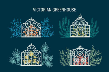 Botanical Garden Victorian Greenhouse Vector Set. Vintage Glass Orangery and Tropical Plants. - obrazy, fototapety, plakaty