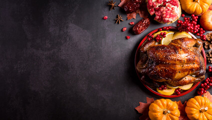 Thanksgiving dinner background concept with turkey roasted and all sides dishes, fall leaves, pumpkin and seasonal autumnal decor on dark stone background, top view, copy space.