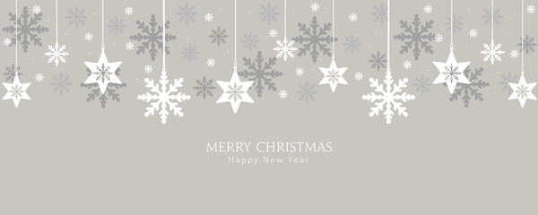 Naklejka na ściany i meble Xmas banner with snowflakes hanging.Vector design of winter holidays on grey background. Merry Christmas greeting card.