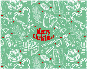 Sketch drawing pattern of red Merry Christmas text, white gifts, hot chocolate, cup of cocoa with marshmallow isolated on blue background. Doodle cinnamon, candy cane, pine, fir. Vector illustration. - 469404229
