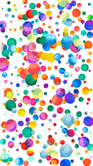 Watercolor confetti on white background. Alluring rainbow colored dots. Happy celebration high colorful bright card. Rare hand painted confetti.