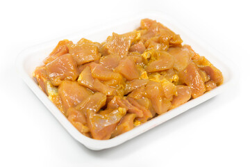Tray of chicken pieces on a white background