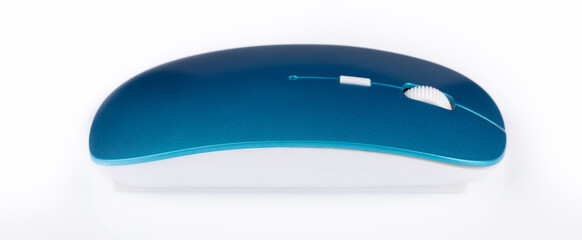 Blue wireless modern computer mouse isolated on white background