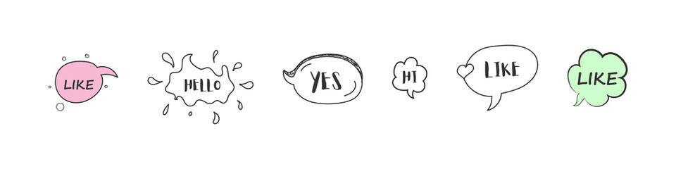 Colorful set of fashionable speech bubbles in a flat design with messages. Online chat clouds. Hand drawn doodle. banner