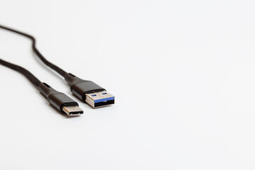 USB Type C and USB 3.0 closeup on white background, macro
