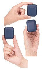 Set of Hand holding Blue headphones airpods isolated on a white background.