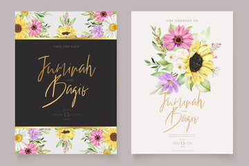 Fototapeta na wymiar hand drawn watercolor sun flower and daisy invitation card set 