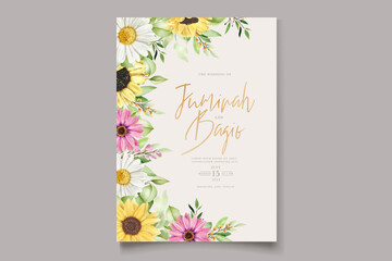 hand drawn watercolor sun flower and daisy invitation card set 