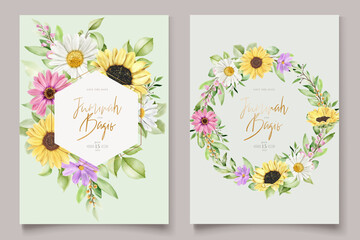 hand drawn watercolor sun flower and daisy invitation card set 