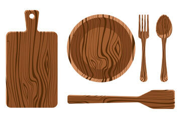 Vector set of wooden utensils. Top view slicing board, plate, spoon, fork, spatula isolated on white background.