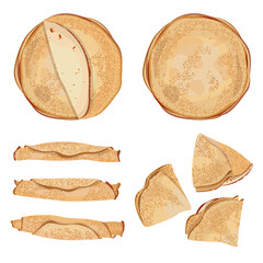 Vector set of thin pancakes isolated on white background.