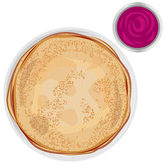 Vector stack of thin pancakes in white plate and bowl with berry jam isolated on white background.